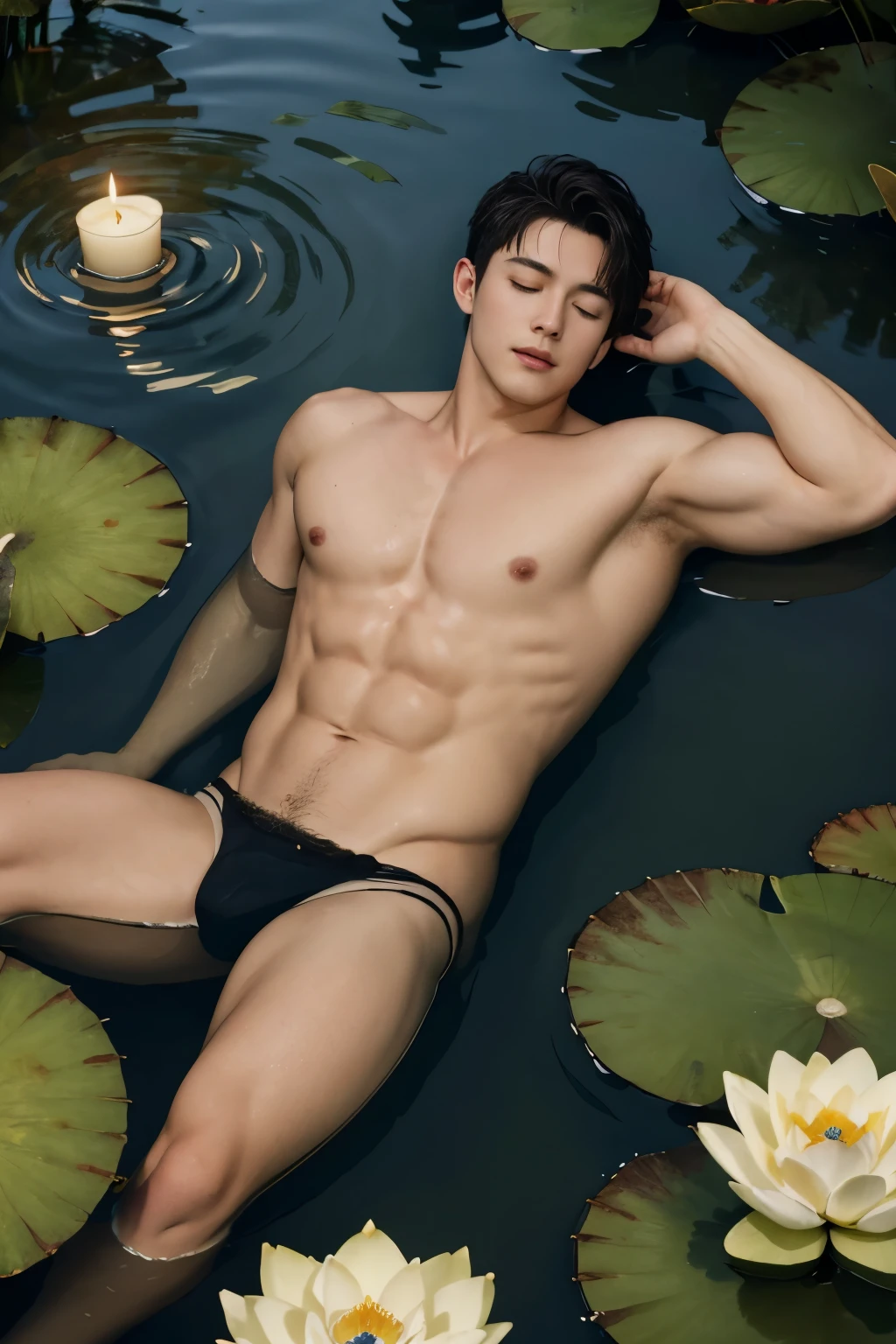 Best quality, masterpiece,ultra high res,detailed background,realistic,Ophelia in the Water,from above,closed eyes,1man,solo,male,muscular,mature male,short hair,lying,a lot of lotus in the water,candle,water,real shadow and light,depth of field