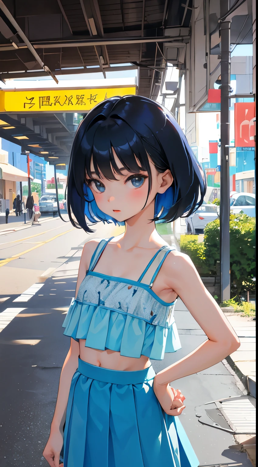 Anime girl in blue dress standing on sidewalk in urban area - SeaArt AI