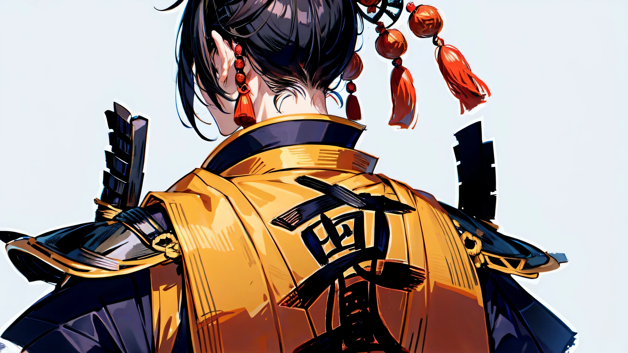 1 male,(Highly detailed 8K),(masterpiece), (highest quality),(Best illustrations),(Best Shadow),Black Hair,(sketch:1.2),(Japanese style:1.4),samurai,trendy,Back view,