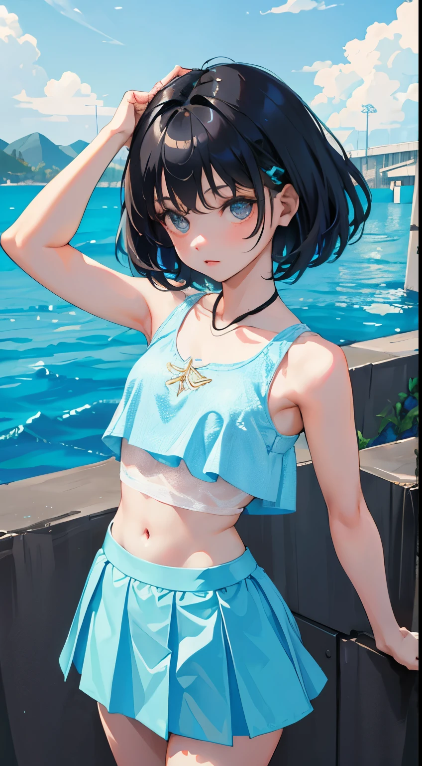 (short cute girl，small young student，young delicate girl）,（masterpiece，Top quality)，Crop Top Look，Tank top，Light blue skirt，Black Hair，Large swimming pool