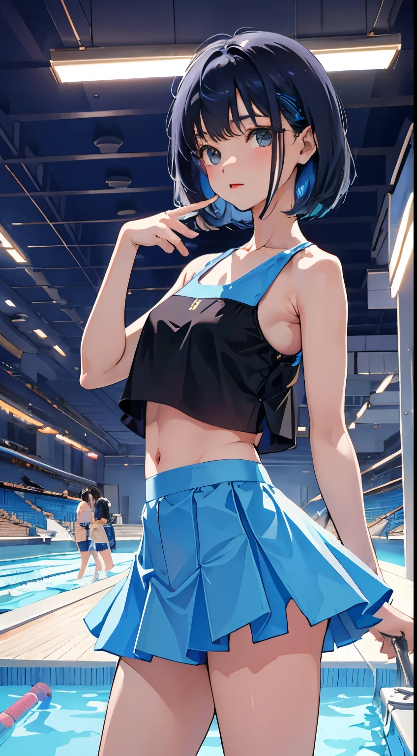 (short cute girl,small young student,young delicate girl),(masterpiece,Top quality),Crop Top Look,Tank top,Light blue skirt,Black Hair,Large swimming pool