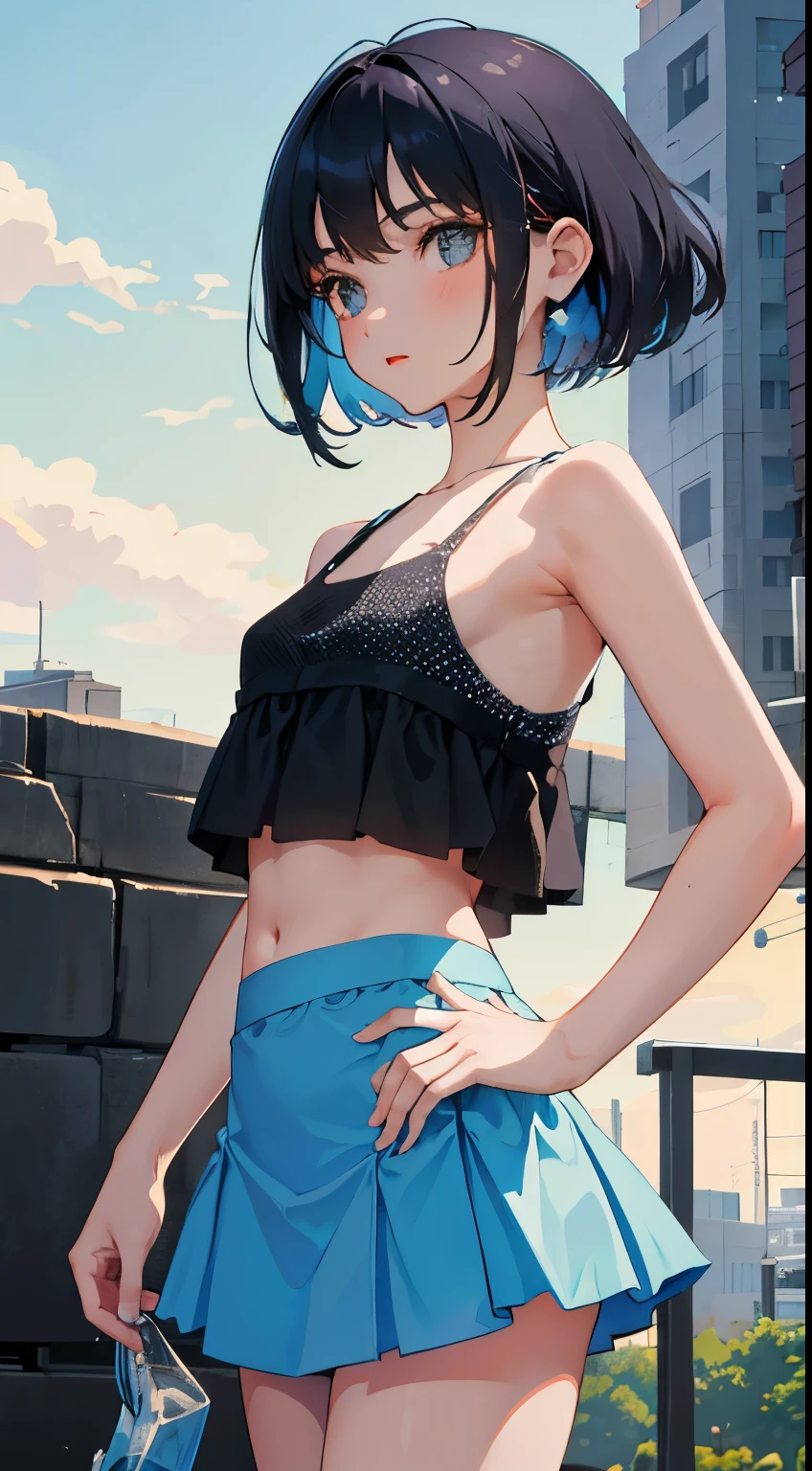 girl,solo,cute,short hair,Black Hair,Blue inner color hair,Black tank top,Black Cargo Pants,"He's wearing a black shirt.",Has a handgun,Black handgun,blue eyes,cool