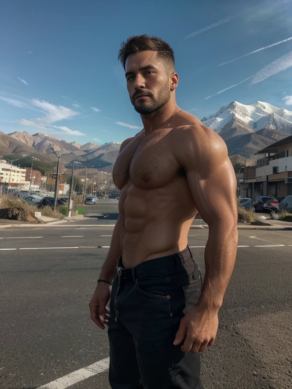 obra maestra, Mejor calidad, high resolution, Retrato de primer plano, (1 chico:1.4) A man in a lumberjack suit (cuadros blancos y negros), muscular, (con camisa: 1.2) enfoque masculino, enfocarse solo, piel bronceada, 38-year old man, muscular, fuerte, peludo, Masculino, (descamisado: 1.2), in the background a mountain of garbage, in a city with a lot of traffic and pollution, amazing composition, Vista frontal, HDR, volumetric lighting, (plano general, desde el frente:1.2) (GS-Macho :1.5) (magnificent landscape:1.2), full body backside