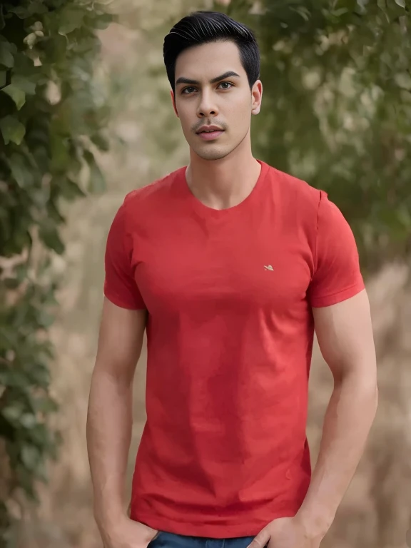 arafed man in a red shirt standing in front of a tree, red t-shirt, red shirt, in t-shirt, light stubble with red shirt, model, Modeling, only red colour, Handsome and charming, attractive man, handsome man, attractive man, t-shirt, handsome man, red, สวมt-shirt, cotton