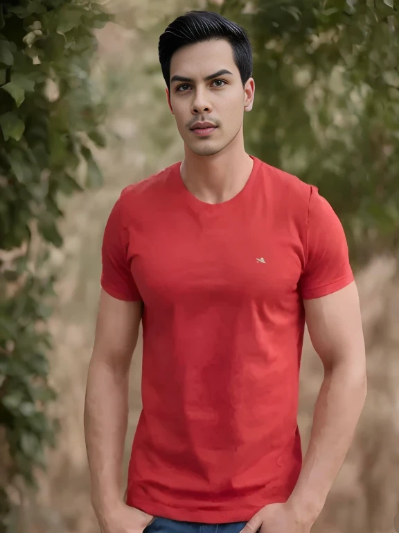arafed man in a red shirt standing in front of a tree, red t-shirt, red shirt, in t-shirt, light stubble with red shirt, model, Modeling, only red colour, Handsome and charming, attractive man, handsome man, attractive man, t-shirt, handsome man, red, สวมt-shirt, cotton
