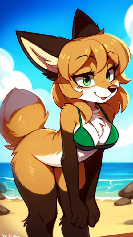 Nervous smiling, uploaded the e621, beautiful and detailed, woman (((female))) ((anthro)) Fox, (Averi, Fox girl), by waspsalad, by phluks, by zero-sum, cinematic lighting, Fox, (anthro, fluffy fur, character focus:1.1), 1girl, anthro fox girl, body fur, curvy, sexy, nice, cute, hot, comfortable anime-style cartoon-style, digital drawing, (half-closed eyes), green eyes, green bikini (striped bikini), bent over, surprised, beach