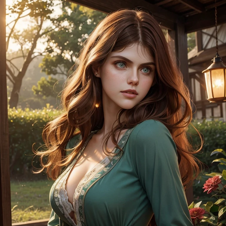 Alexandra Daddario is a elegant person, she is beautiful And have a strong posture, she has breasts that have a voluminous proportion, a pear feminine silhouette, Auburn hair, long Auburn hair, She has expressive eyes, ( Only eyes blue green) Her skin is fair and she has some light freckles on her cheek bones, busty, Farm, Brown rustic clothes, boho clothes, farm boho fashion clothes, romantic vibes, fire lights, fire sparkles, flowers clothes the hair to be half straight and half with curled ends cartoon