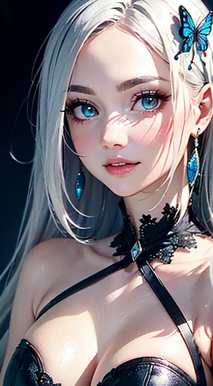 16K high quality wallpapers,surrealist broken glass photography(Fine grain,Long eyelashes,Bright and colorful iris,expressive eyebrows,Blend eyeshadow perfectly,Eyes sparkling,Reflective eyeball,Heterochromia),(Silver-blue long-haired girl , Lots of hair 1。3 Delicate Hair 1。2),(Transparent Long Dress,Floral:1.4,),(A gorgeous and delicately shining small butterfly hair accessory,Vibrant colors,fine carving,shine brightly,Attention to detail,The jewelry is of high quality,very high quality)White skin,Seductive smiling emoji,Close-up shot