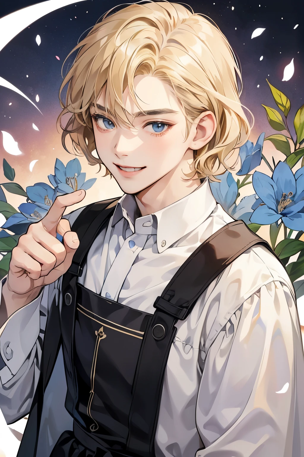 1chibi! High quality masterpiece, super detailed, super emotion detailed, anime style, perfect face, clean eyes, Middle Ages, clean emotions, full body! A young man with blonde hair, in gray shirt, he is smiling with warm looking with love, looking at me, pale skin!!! kind, with gray eyes, He handed me a blue flower, short hair, he has warm smile. super quality, 4K, clean eyes, super quality ever! detailed emotions!, middle ages! wavy hair till cheeks! chibi! chibi! cute! he has big brown bag