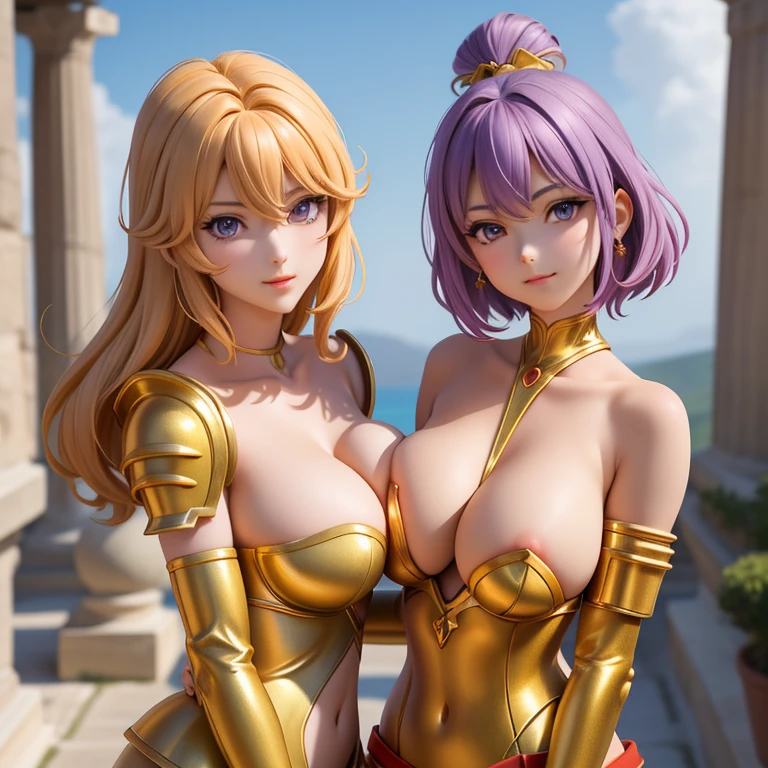 deux femmes, 25 ans, manga, cheveux longs, cheveux de couleur violette, armure d'or,  Highly detailed armor, gravures, armure du cancer, saint seiya, zodiaque, cosmos, cancer, crabe, casque avec des pattes de crabe, chevalier du zodiaque, dans un Grèce antique, temple antique, dans la brume, avec des feu follets, sexy