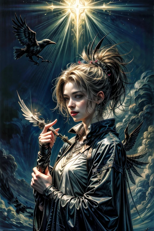 best quality,4k,8k,highres,masterpiece:1.2,ultra-detailed,realistic:1.37,HDR,UHD,ultra-fine painting,sharp focus,wide angle shot,(dynamic pose),(Oneironaut),more_details:1.5,(A sandman, the God of dreams, in the ethereal realm of dreams, surrounded by the mystical and ghostly dimensions.), (He is manipulating magical dust and spectral plasma, creating illusions that transcend reality.), (His appearance features pale skin and wide, mesmerizing eyes.), more_details:1, (he is wearing a mantle made of crow plumes:1.37), (The artwork is inspired by a sci-fi aesthetic, with a dreamlike atmosphere reminiscent of Yoshitaka Amano's unique style.), (ghostly figures can be seen wandering in the background), (The colors are vivid and surreal, with a focus on mysterious lighting and rich hues.), (The image quality is of the highest standard, with an ultra-detailed and sharp focus to capture every intricate detail.), (The overall result is a masterpiece, showcasing the artist's skill in creating a mesmerizing portrayal of the Sandman and the dream realm.), sci-fi, illusions