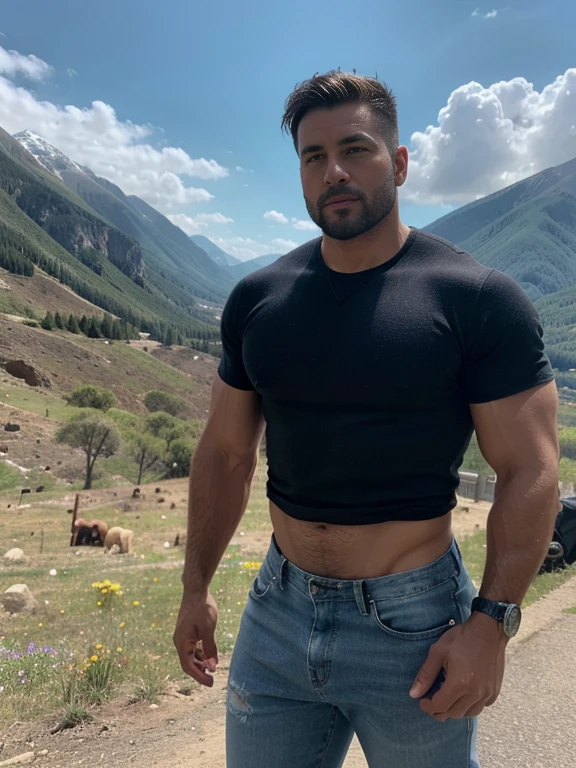  man in lumberjack suit (cuadros blancos y negros), muscular,  (con camisa) enfoque masculino, enfocarse solo, piel bronceada, 38-year old man,  muscular, fuerte, peludo, Masculino, (descamisado), In the background a mountain, en una ciudad, amazing composition, HDR, volumetric lighting, Macho. full body blue white jeans 