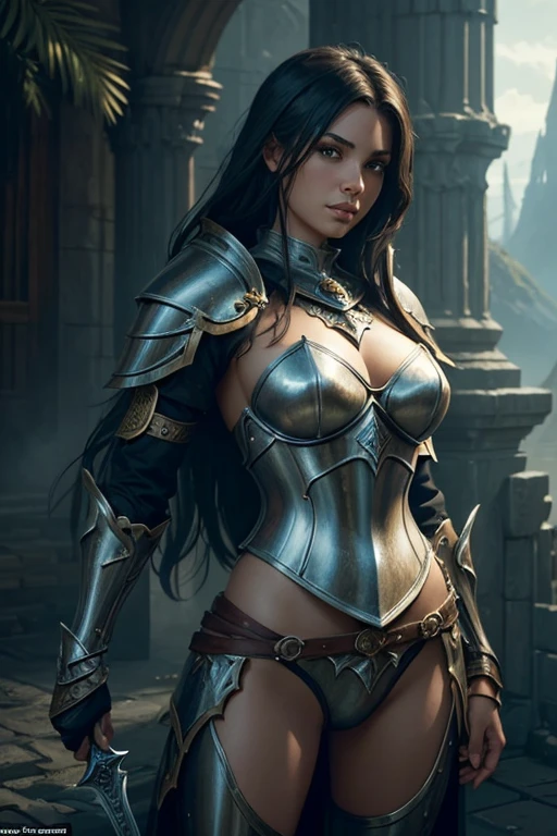 ((masterpiece:1.5, best-quality:1.5, 8k, embossed picture, Extreme realistic, dark fantasy)). ((his eyes focus on looking at the viewer)). ((Process mode: SeaArt 2.1)). a close up of a woman in elaborated intricated armor holding sword, fantasy paladin woman, armor girl, Proportional breasts, real breast cleavage, female knight, fantasy art behance, bikini armor female knight, fantasy warrior, fantasy card game art, epic exquisite character art, tyler edlin fantasy art, epic fantasy style art, epic fantasy character art