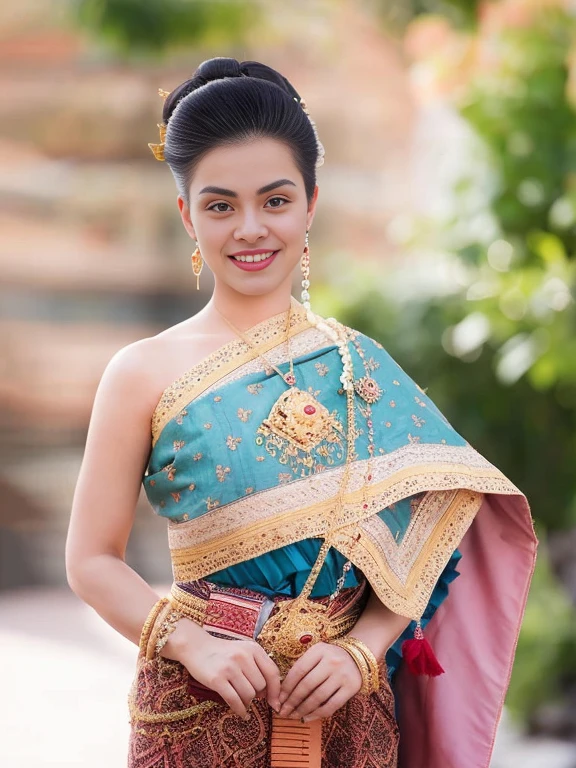 arafed woman in a traditional thai dress holding a basket, Sukhothai set, traditional beauty, According to Thawan Duchanee's style, wearing traditional garb, traditional dress, traditional clothes, Wear elegant clothes, traditional, traditional clothing, Wear luxurious clothes, traditional tai costume, wearing authentic attire, traditional costume, Niwan Chandra, traditional makeup