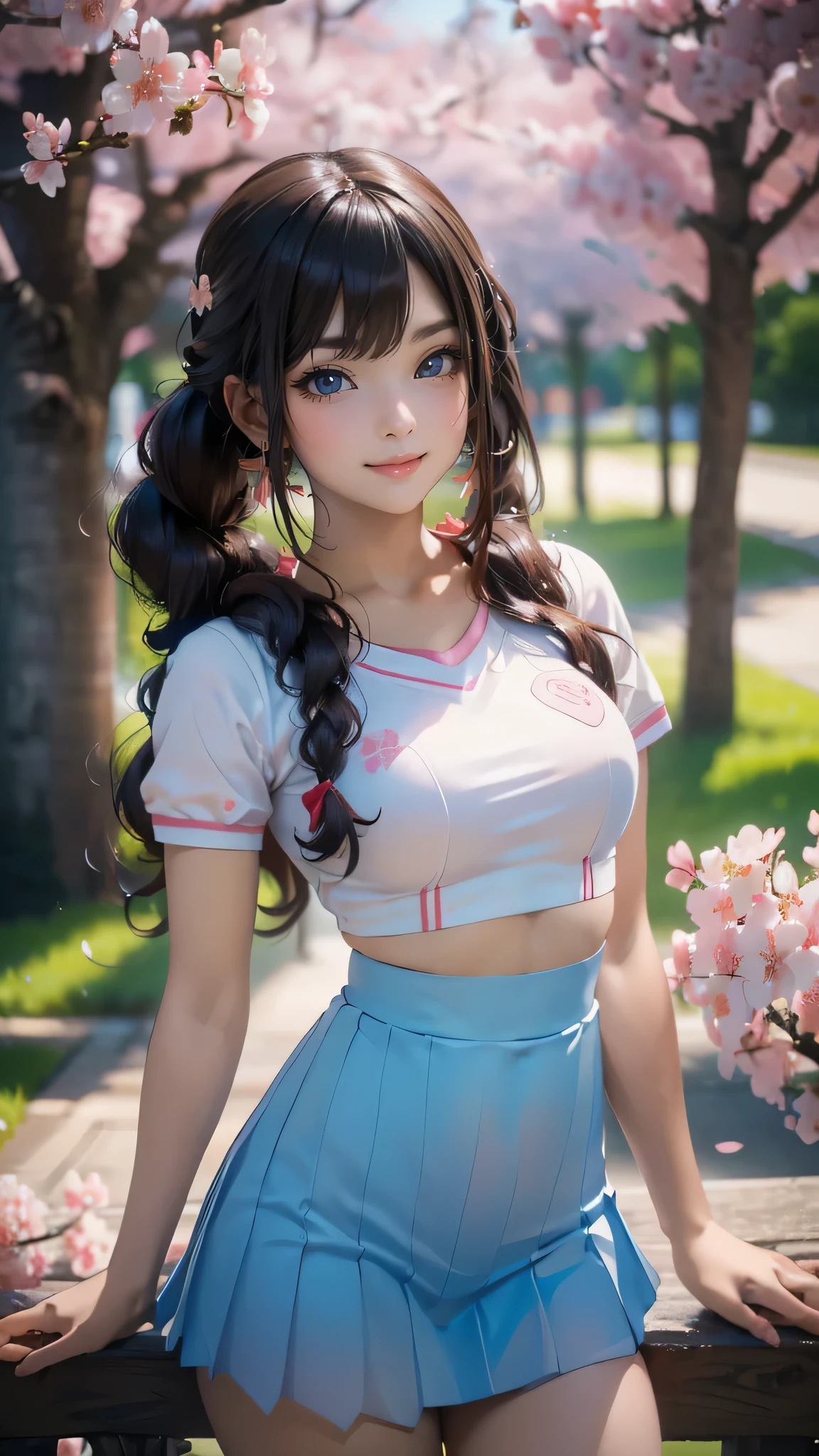 A park where cherry blossoms dance,high school girl,(random cute pose),(random hairstyle),(Highest image quality,(8K), Ultra-realistic, Best Quality, High quality, High Definition, high quality texture, high detailing, Beautiful detailed, fine detailed, extremely details CG, Detailed texture, realistic representation of face, masterpiece, presence)