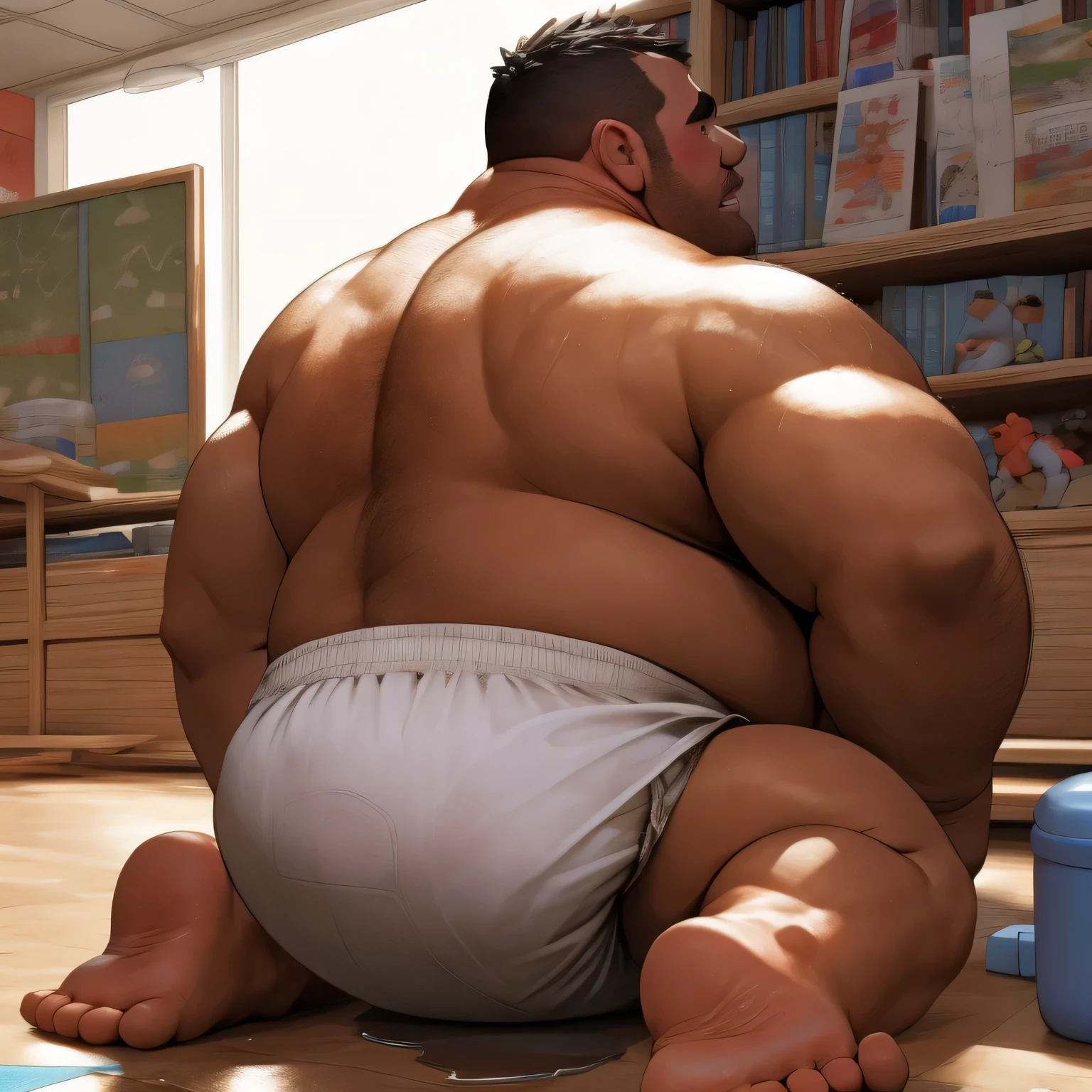 masterpiece, Top quality, in 32K, perfect anatomy, hyper detailed, photo realistic, super fine illustration, The thick man is  retarded, hairy, human, solo, 50yo, (fatness: 1.0), Fatty muscle, Bowleg, disappointment, incontinent, He waddle and sobbing at playroom in kindergarten, There is a small puddle under him, Naked, short legs, Bowleg, spread legs, wear a White cloth Diaper, White Diaper without pattern, Bare belly, Bare legs, Bare foots, Bare soles, Shirtless, wide forehead and short thinning hair, round face with stubble, Bare foots, Bare soles, shy, sobbing, sissy, Hold back tears, Drool, Round face, He is standing and look down in front of wet sheets, he is very remorseful, He is waddle in playroom, He surrounded by children, Bare foots, big butt, White Diaper, There is a small puddle under him