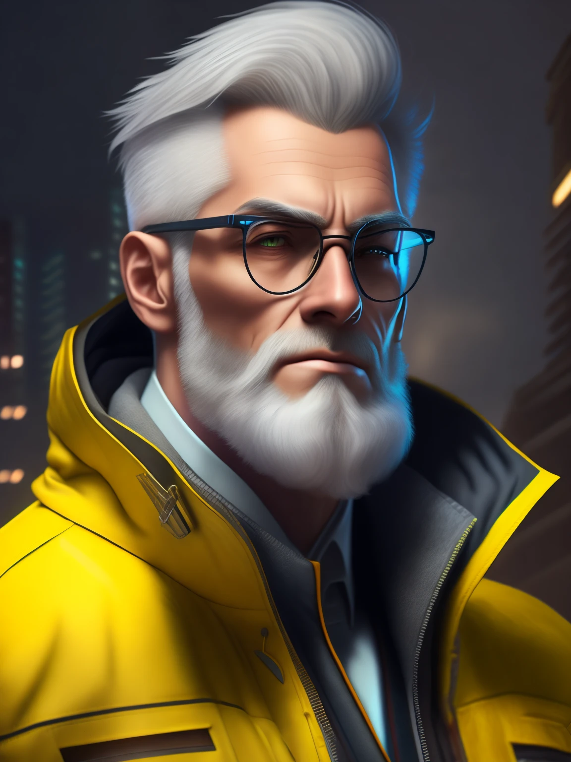 Raw 16k Ultra HD Яркие цвета, ultra-masterpiece, 1.12), Describe the emotions, close-up of a gray-haired man&#39;s face., perfect hairstyle and glasses, he has a well-groomed white beard, in a jacket, inspired by Cyberpunk 2077.. The setting reflects the dystopian futuristic environment of the game., with elements, characteristic of the city from Cyberpunk 2077.