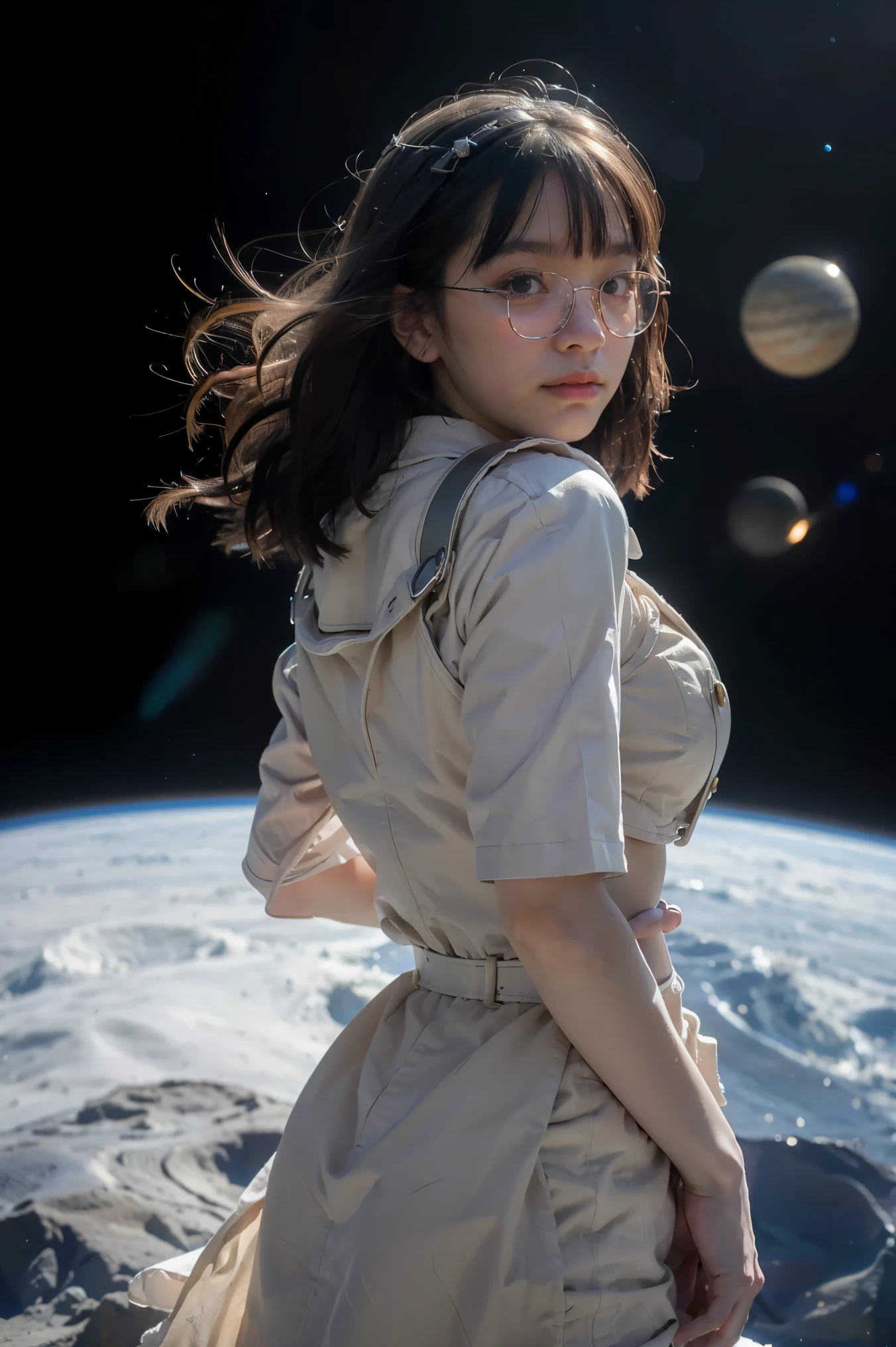 spacepunk, (Universe Background: 1.5, detailed background:1.25), (Isometric: 1.0), double exposure, (masterpiece, best quality:1.3), (highres:1.5), absurdres, ultra detailed, (1girl:1.3), (dynamic pose):1.0 BREAK, ((upper body image:1.3)), ((1 extremely cute and beautiful tearful girl taking a spacewalk at Universe)), stars, gas, star, starry, space, shooting star, crescent moon, hyper-space, (upturned eyes:1.3), (ear breathing), solo focus, starry night, (wearing a mechanical space body armor:1.3), (black wavy bob hair:1.35, bangs;1.35),  (large-breasted:1.35), (fat:1.2), glasses, streaming tears, tearful, tears, sad, 7.5 life size, detailed clothes, detailed body, detailed arms, human hands, detailed hands, blush, open mouth, (look back:1.15), (thrust out one's hip:1.35), studio soft light, cinematic light, detailed background, realistic, ultra-realistic, masterpiece,