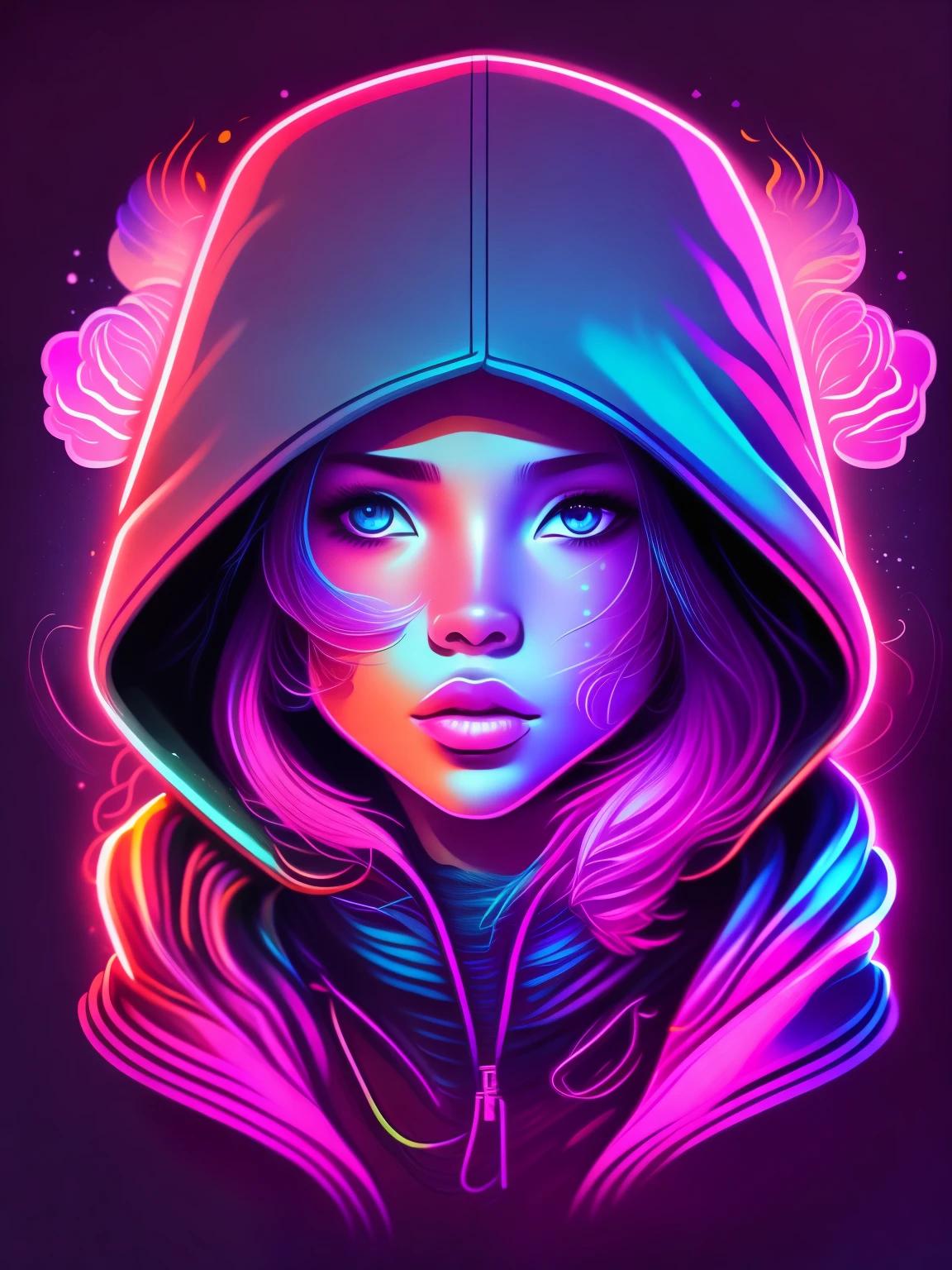 Girl's head, garnish, hood, cool neon colors, T-shirt design, rzminjourney, vector art