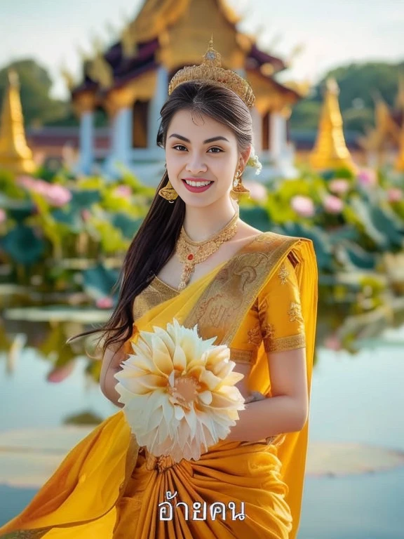 Woman in yellow sari holding flowers in front of pond, Sukhothai set, traditional beauty, Thai anime girl, traditional, Southeast Asia that has existed for a long time, traditional dress, lotus flower crown girl, Southeast Asians with round faces, Niwan Chandra, beautiful asian girl, asian woman, traditional clothes, standing gracefully upon a lotus