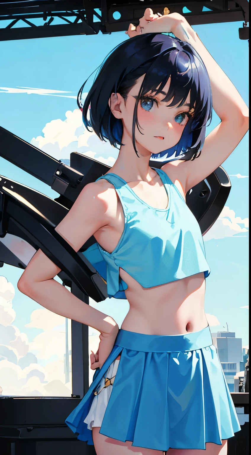 (short cute girl,small young student,young delicate girl),(masterpiece,Top quality),Crop Top Look,Tank top,Light blue skirt,Black Hair,stage