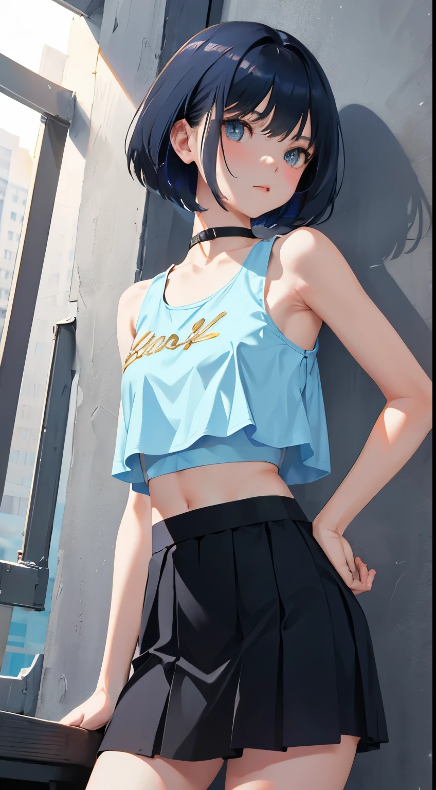 (short cute girl， young studeg delicate girl）,（masterpiece，Top quality)，Crop Top Look，Tank top，Light blue skirt，Black Hair，stage