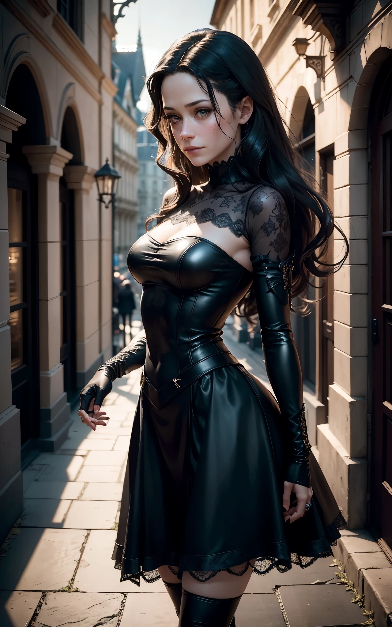 (Emmy Rossum:Evangeline Lilly) An ultra detailed, a beautiful goth girl with long straight hair in a short black dress is walking through a gothic city, moonlight, gothic fashion, dark fantasy style, hyper realistic, realism, digital art, cinematic, perfect contrast, high sharpness, depth of field, ultra detailed photography, global illumination, smooth, ultra high definition, 8k, unreal engine 5, ultra sharp focus, award winning photograph