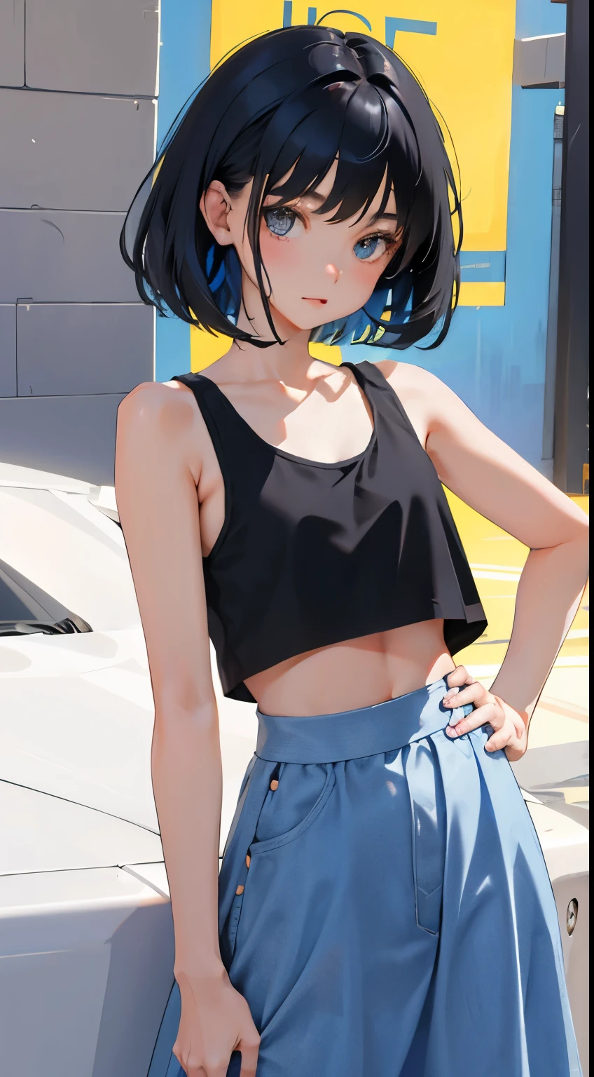 (short cute girl，small young student，young delicate girl）,（masterpiece，Top quality)，Crop Top Look，Tank top，Light blue skirt，Black Hair，stage
