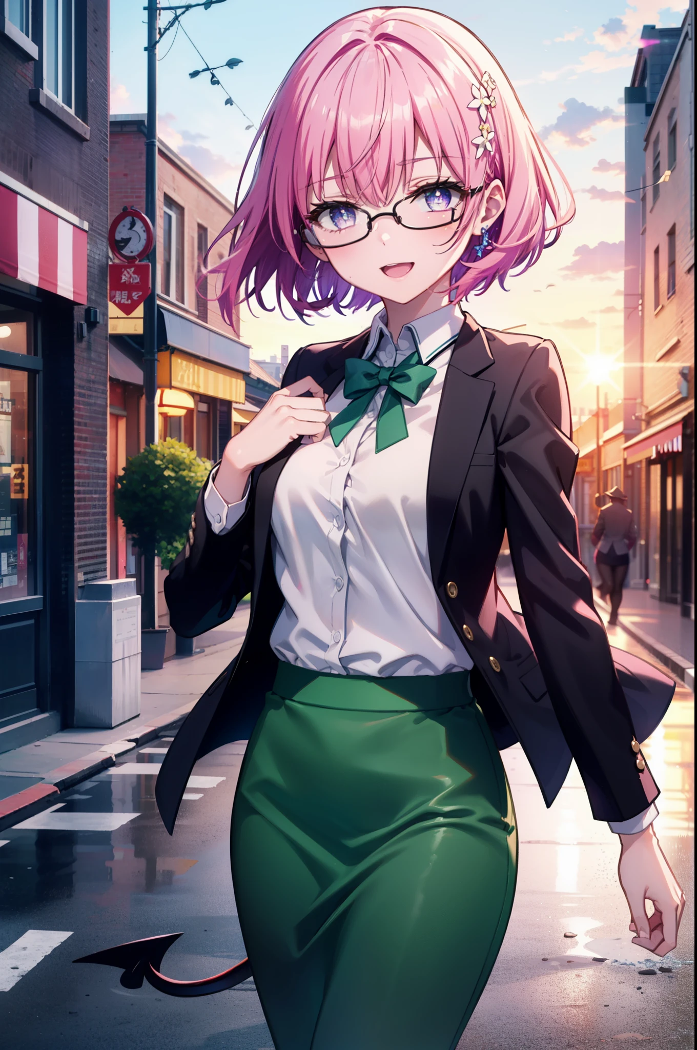 Momodeviluke, Deviluke type, demon tail, Hair Flowers, hair ornaments, (Purple eyes:1.1), Pink Hair, short hair, tail, happy smile, smile, Open your mouth,
break demon tail, Green Skirt, OL, Red glasses, end, black suit jacket, collared jacket, White dress shirt, Collared shirt, Neckline, button, strap, Black pencil skirt, Black pantyhose,Stiletto heels,morning,morning陽,The sun is rising,City Street,
break outdoors, In town,Building district,
break looking at viewer, (Cowboy Shot:1.5),
break (masterpiece:1.2), highest quality, High resolution, unity 8k wallpaper, (figure:0.8), (beautiful detailed eyes:1.6), extremely detailed face, Perfect lighting, extremely detailed CG, (Perfect hands, Perfect Anatomy),
