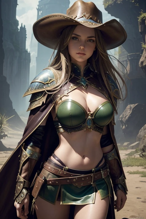 ((masterpiece:1.5, best-quality:1.5, 8k, embossed picture, Extreme realistic, dark fantasy)). ((his eyes focus on looking at the viewer)). ((Process mode: SeaArt 2.1)). a close up of a long blond hair woman in elaborated intricated green leather armor with a sword in the back, fantasy paladin woman, leather armor girl, green leather mini skirt, real breast cleavage, female warrior, fantasy art behance, bikini armor female knight, fantasy warrior, wearing a cowboy brown hat, large brown cape, fantasy card game art, epic exquisite character art, tyler edlin fantasy art, epic fantasy style art, epic fantasy character art