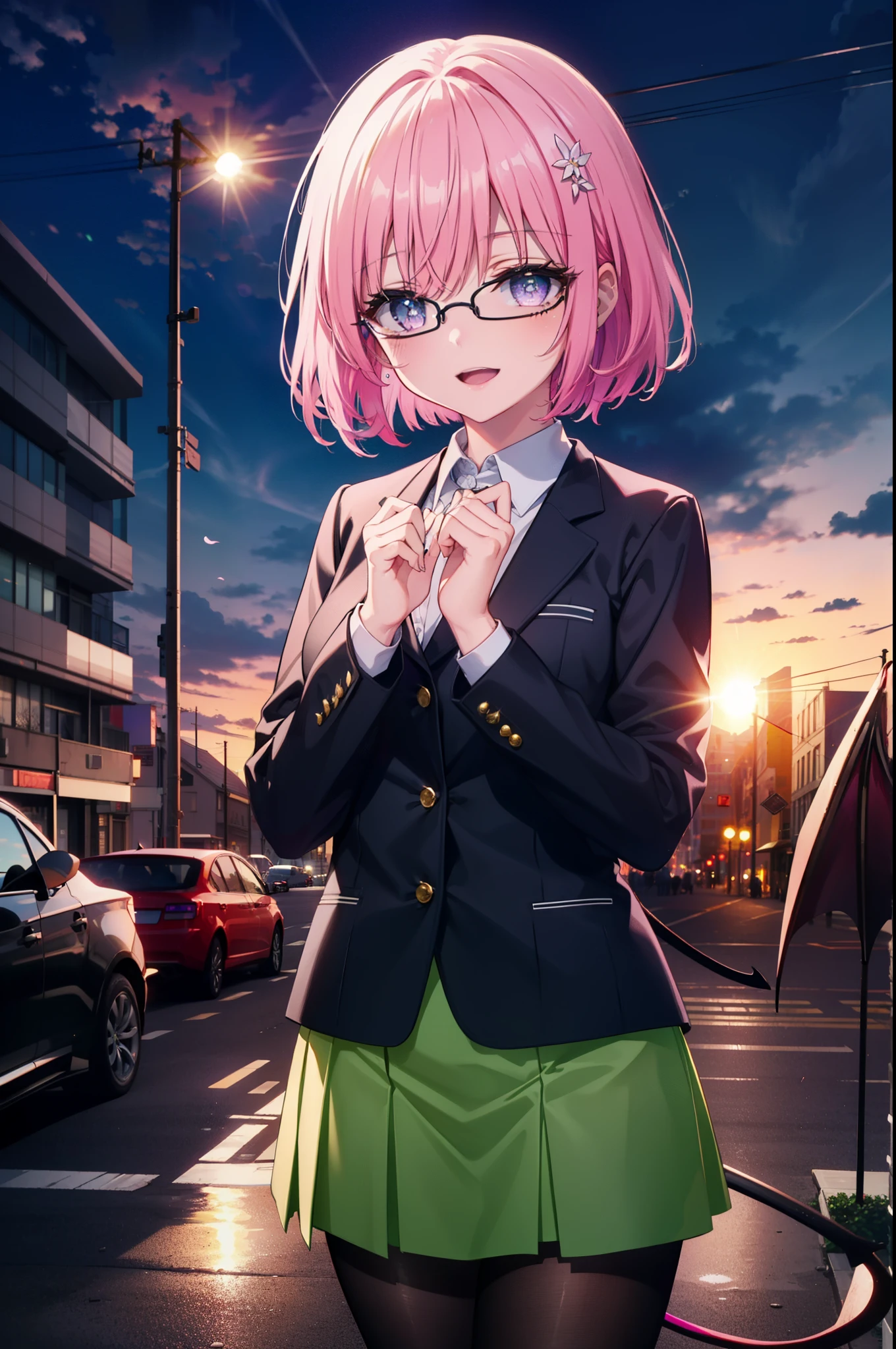 Momodeviluke, Deviluke type, demon tail, Hair Flowers, hair ornaments, (Purple eyes:1.1), Pink Hair, short hair, tail, happy smile, smile, Open your mouth,
break demon tail, Green Skirt, OL, Red glasses, end, black suit jacket, collared jacket, White dress shirt, Collared shirt, Neckline, button, strap, Black pencil skirt, Black pantyhose,Stiletto heels,morning,morning陽,The sun is rising,City Street,
break outdoors, In town,Building district,
break looking at viewer, (Cowboy Shot:1.5),
break (masterpiece:1.2), highest quality, High resolution, unity 8k wallpaper, (figure:0.8), (beautiful detailed eyes:1.6), extremely detailed face, Perfect lighting, extremely detailed CG, (Perfect hands, Perfect Anatomy),