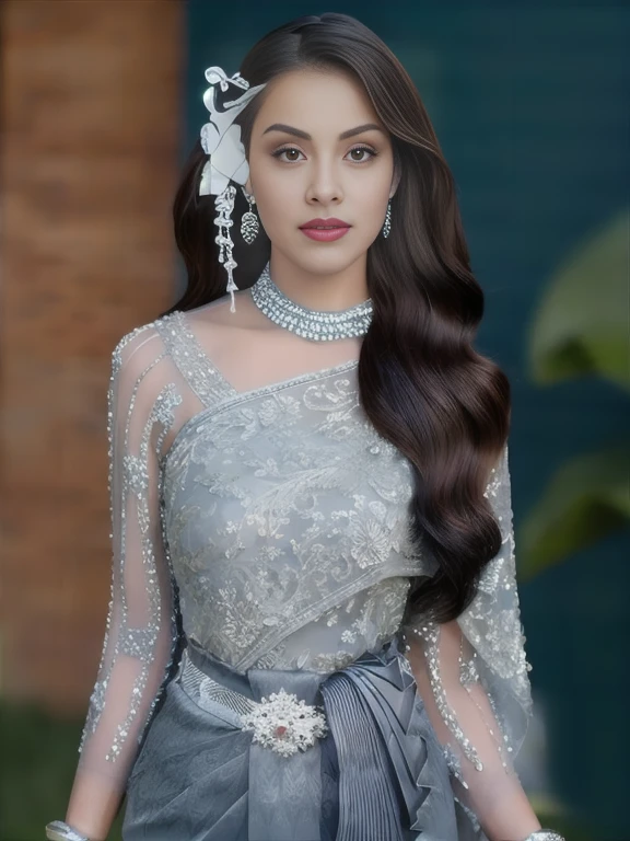 Close-up of woman wearing silver dress and necklace, Digital art of elegance, Portrait of a modern Darna, fan art, Inspired by Reyna Roshin, Luxury fashion models, elegant pose, Wear elegant clothes, beautiful mexican woman, Wear elegant clothes, Money details, beautiful female princess, cute bohemian princess, traditional beauty, Persian Princess