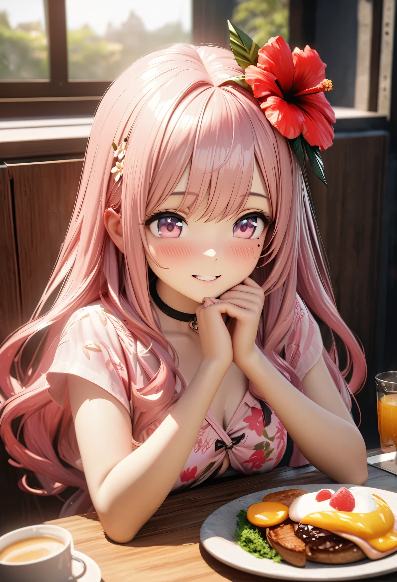 Masterpiece, Best Quality, Super Detailed, High Definition, Expensive Resolution, HDR, 4k, 8K, Unity 8k Wallpaper, Super Detailed CG, Masterpiece, Realistic, 2D, 3D, Beautiful Details, Depth, Fine Texture, Super Fine: 1.3, Complete concentration, crisp skin, him, a very cute anime rabbit, a cute rabbit like an idol, expensive pink long hair, one girl, Hawaiian dress, morning, breakfast, hibiscus hair ornament, smiling long pink hair, whole body, under the eyes mole, line sight, expensive, blush, parted lips, heart, pink eyes, choker