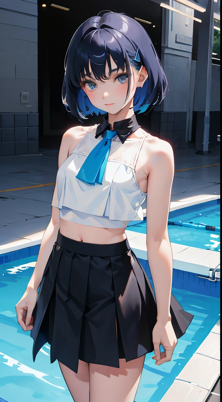 (short cute girl,small young student,young delicate girl),(masterpiece,Top quality),Crop Top Look,Tank top,Light blue skirt,Black Hair,Large swimming pool