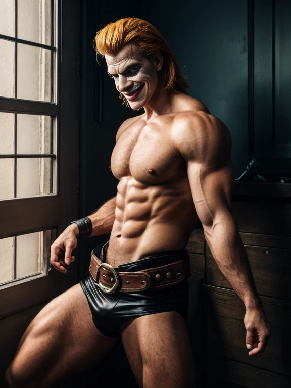 tom finland style, disrobed, large muscles, gigachad muúcular, a man with a wrestling belt and a tattoo on his arm, y smirk, wwe, choke smirk smile grin, profile picture, gangrel, road warrior, snake man, nefarious smirk, evil smirk, profile image, profile shot, dio brando, aggressive look, jerma985 as the joker, christian