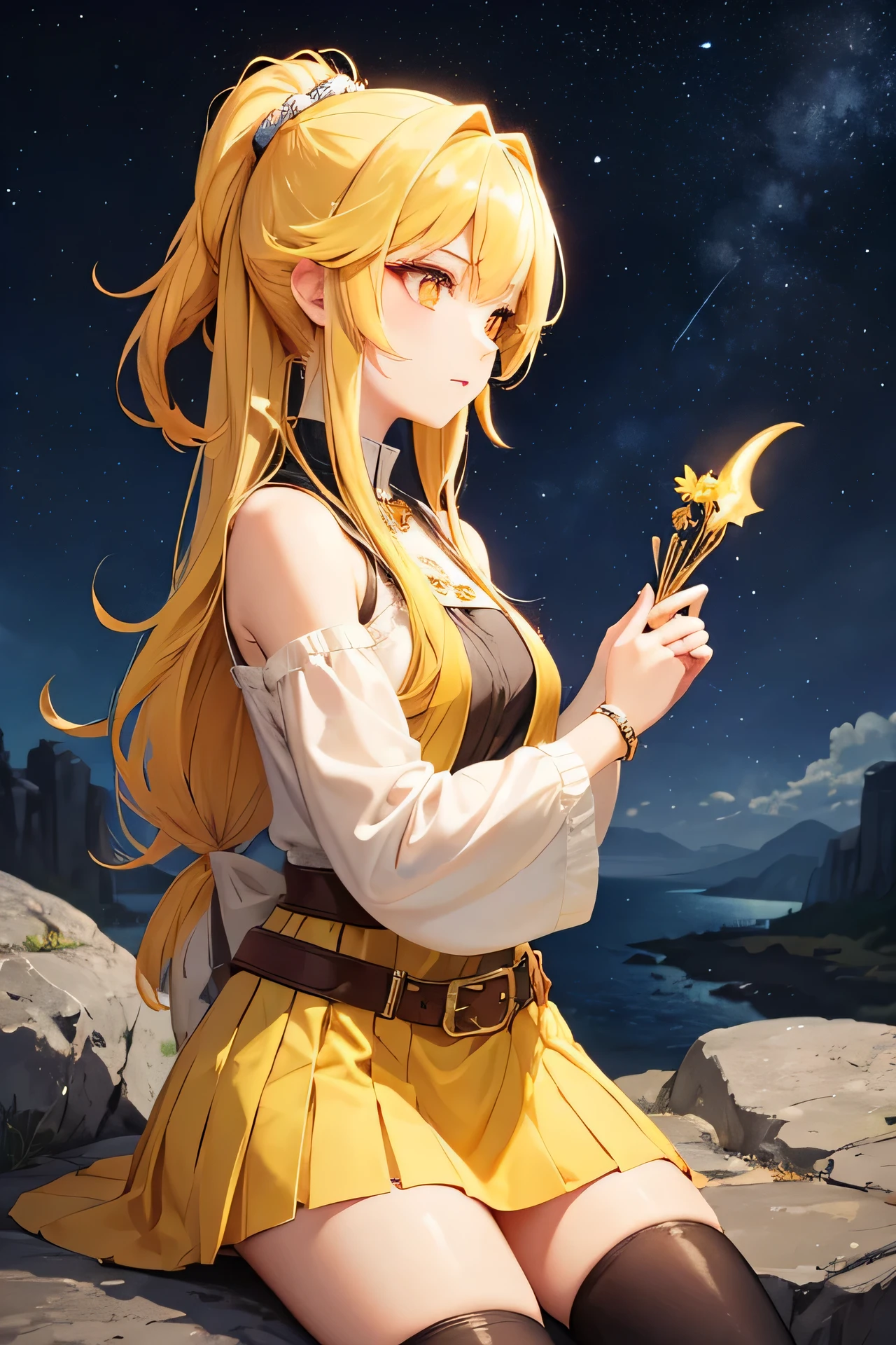 A beautiful anime girl, bard, on a background of rocks looks at the night sky, yellow hair, red eyes, medieval aristocrat's dress. Looking into the distance