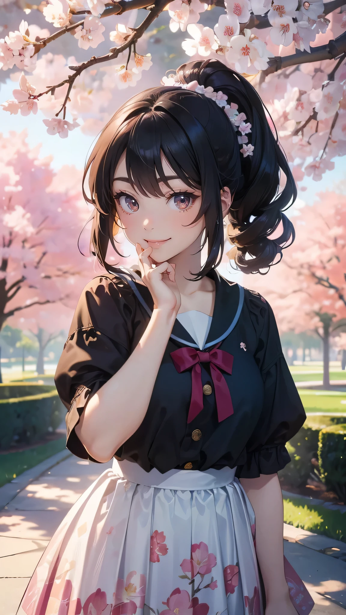 A park where cherry blossoms dance,high school girl,(random cute pose),(random hairstyle),(Highest image quality,(8K), Ultra-realistic, Best Quality, High quality, High Definition, high quality texture, high detailing, Beautiful detailed, fine detailed, extremely details CG, Detailed texture, realistic representation of face, masterpiece, presence)