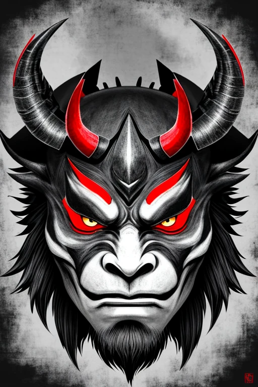 Drawing Made with Charcoal Pencil, 4k, a black and white drawing of a demon face with horns, demon samurai mask, oni mask, samurai with demon mask, samurai mask, Tengu Mask, black and white vector art, samurai demon, Kabuki Mask, inspired by Ryukōsai Jokei, villain wearing a red oni mask, demonic face, Inspired by Eishōsai Chōki