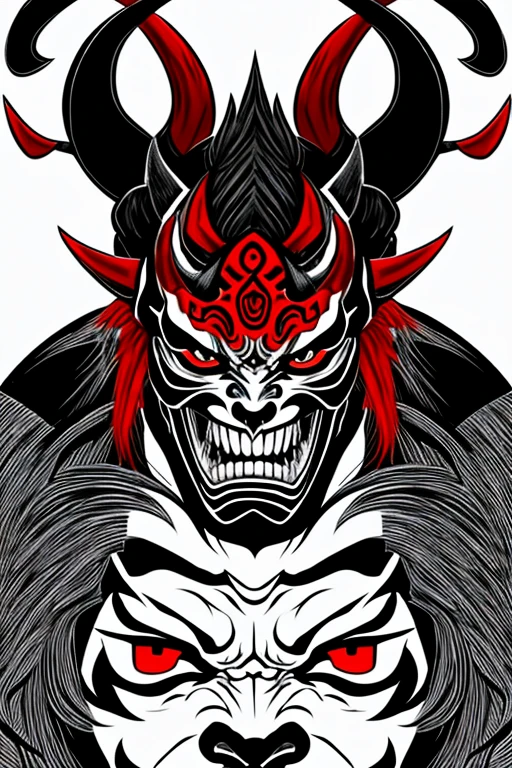 Drawing Made with Charcoal Pencil, 4k, a black and white drawing of a demon face with horns, demon samurai mask, oni mask, samurai with demon mask, samurai mask, Tengu Mask, black and white vector art, samurai demon, Kabuki Mask, inspired by Ryukōsai Jokei, villain wearing a red oni mask, demonic face, Inspired by Eishōsai Chōki