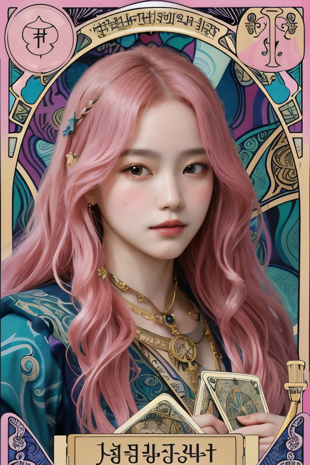 ((masterpiece:1.2, best quality)), very detailed, Ultra-precise depictions, very detailed 묘사, (Zentangle:1.2), (dynamic pose), (abstract background:1.5), wavy long hair, Close up of woman with pink hair, fancy, portrait, Alphonse Mucha, art nouveau,
(tarot card style:1.3), A unique tarot card framework combining gold elements., Clothes with gradients,