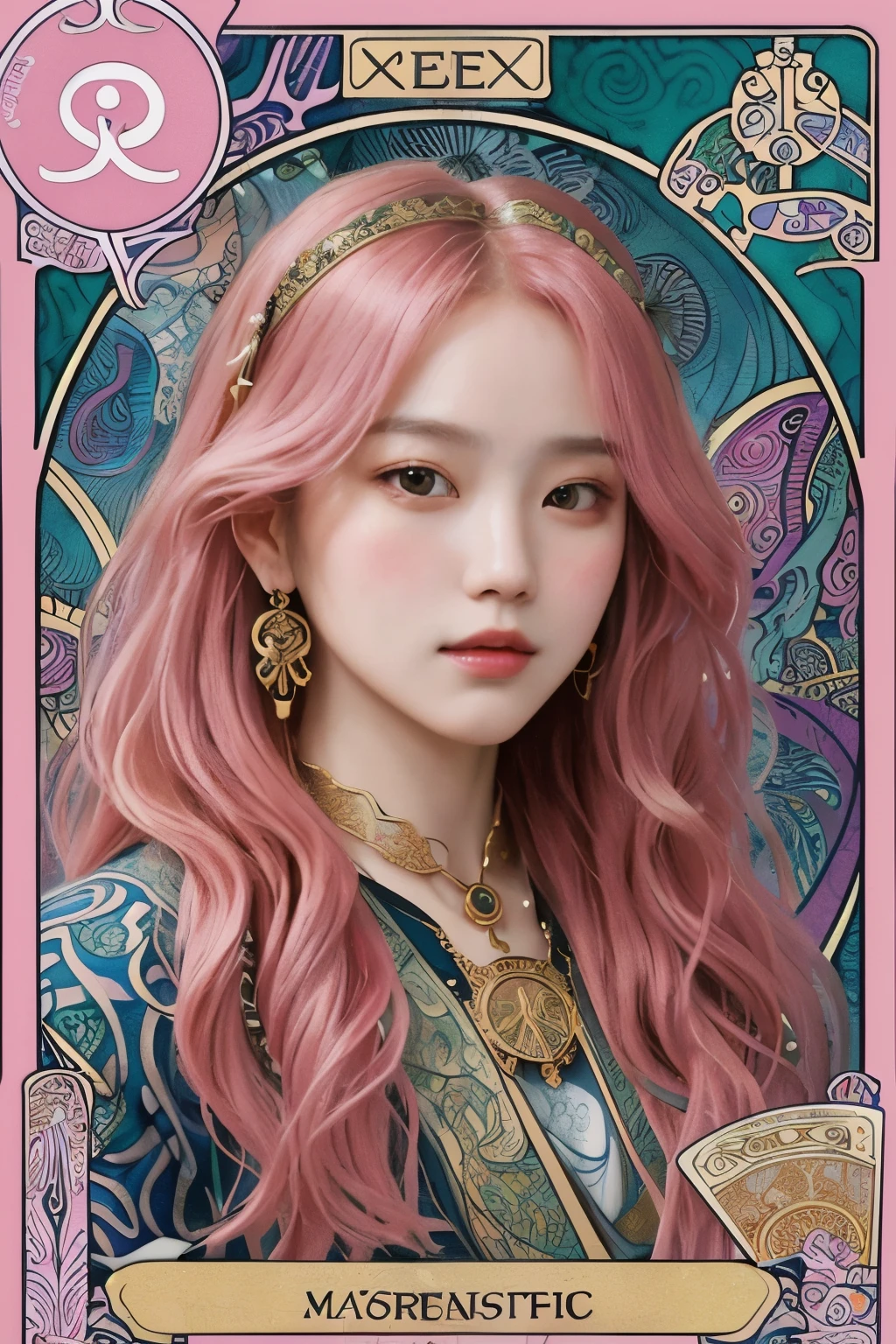 ((masterpiece:1.2, best quality)), very detailed, Ultra-precise depictions, very detailed 묘사, (Zentangle:1.2), (dynamic pose), (abstract background:1.5), wavy long hair, Close up of woman with pink hair, fancy, portrait, Alphonse Mucha, art nouveau,
(tarot card style:1.3), A unique tarot card framework combining gold elements., Clothes with gradients,