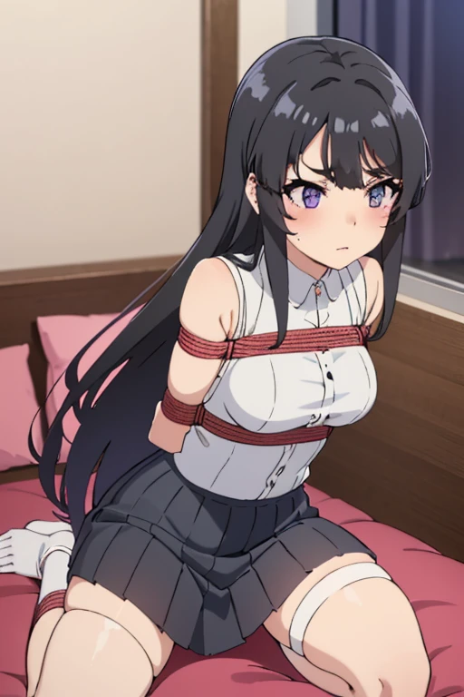 mai sakurajima, long hair, bangs, (black hair:1.5), hair ornament, (purple eyes:1.1), hairclip, rabbit hair ornament, big thighs, big , schmale Taille, ((erröted)), ((gefesselte Handgelenke, Ankle with rope)), ((Arms behind the back)), ((Shibari over clothing)), 4k quality, verlegener gesichtsausdruck, anatomisch perfekt, laying on a bed, black mini skirt, long hair, blushing