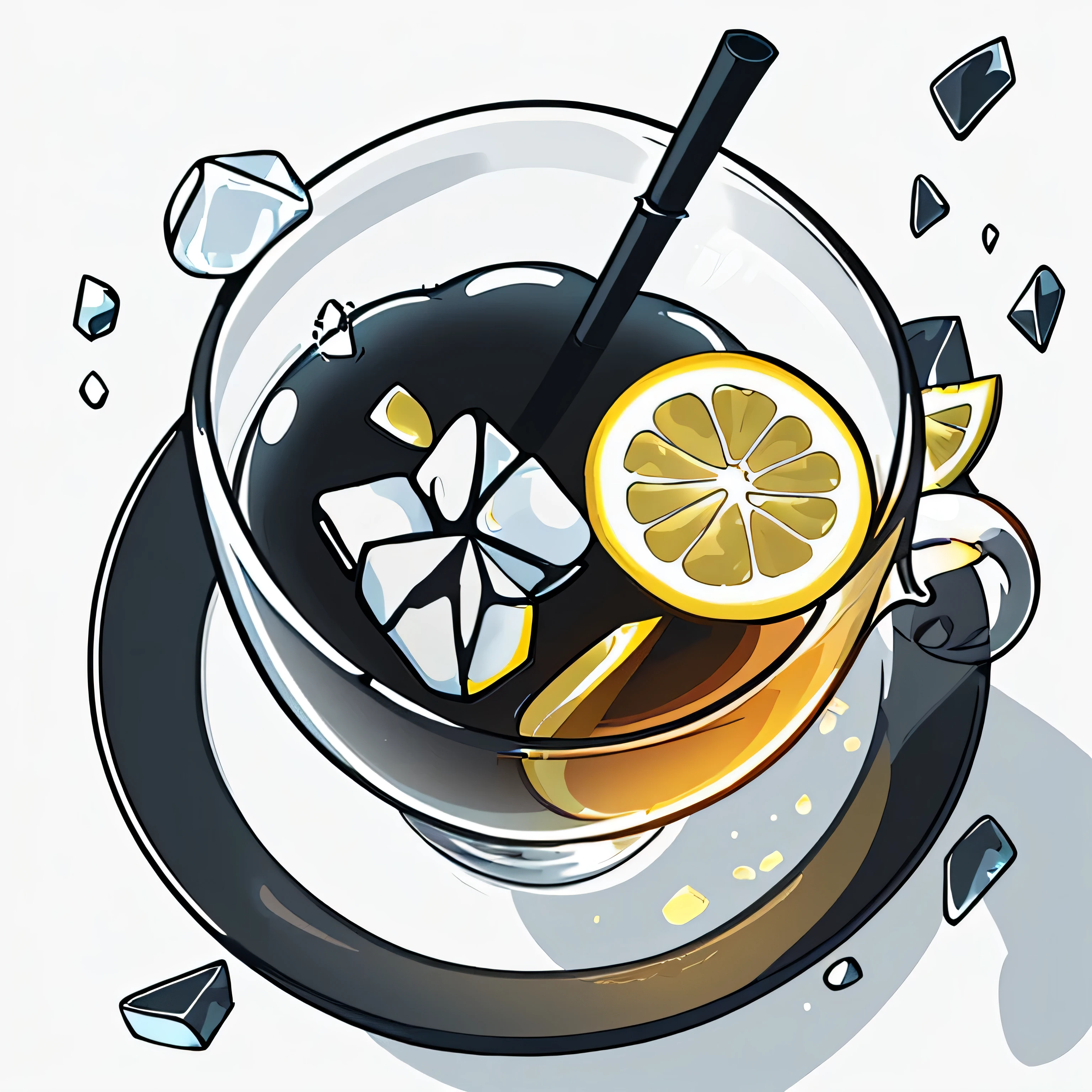 A glass of lemon black tea, ice cubes, 2D design, simple illustration, white solid background, minimalism