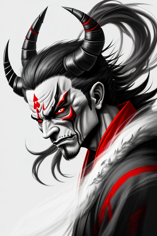 Drawing Made with Charcoal Pencil, 4k, a black and white drawing of a demon face with horns, demon samurai mask, oni mask, samurai with demon mask, samurai mask, Tengu Mask, black and white vector art, samurai demon, Kabuki Mask, inspired by Ryukōsai Jokei, villain wearing a red oni mask, demonic face, Inspired by Eishōsai Chōki