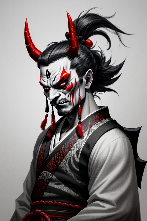 Drawing Made with Charcoal Pencil, 4k, a black and white drawing of a demon face with horns, demon samurai mask, oni mask, samurai with demon mask, samurai mask, Tengu Mask, black and white vector art, samurai demon, Kabuki Mask, inspired by Ryukōsai Jokei, villain wearing a red oni mask, demonic face, Inspired by Eishōsai Chōki