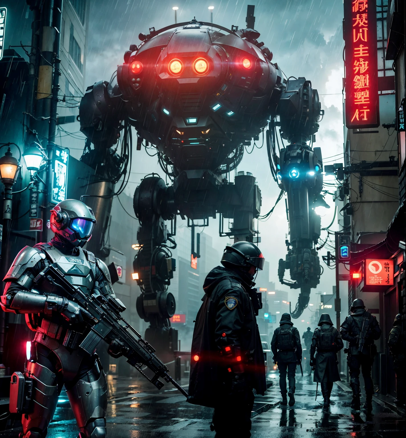 Here's an improved prompt for your sci-fi scene:
Setting: Tokyo street, night. Rain pours down, creating a thick fog that obscures the neon glow of the towering skyscrapers. Slick pavement reflects the flickering lights, adding to the disorienting atmosphere.
Characters:
Sci-fi soldier: Clad in advanced combat armor, a lone soldier stands guard, their form a silhouette against the hazy cityscape. Their helmet visor displays tactical data, scanning the environment for threats. A heavy weapon rests in their grasp, its barrel glinting in the rain.
Passers-by: Huddled figures hurry past, seeking shelter from the downpour. Their faces are etched with worry as they glance nervously at the soldier and the approaching commotion.
Alien Robot: A monstrous silhouette emerges from the fog at the far end of the street. Towering over the buildings, its metallic form is vaguely humanoid, but nightmarishly distorted. Glowing red energy pulses within its chest cavity, casting an ominous red hue on the surrounding environment.
Additional details:
The sound of thunder rumbles in the distance, momentarily drowned out by the screech of the alien robot's movements.
Sparks fly as the soldier activates their weapon, readying themself for battle.