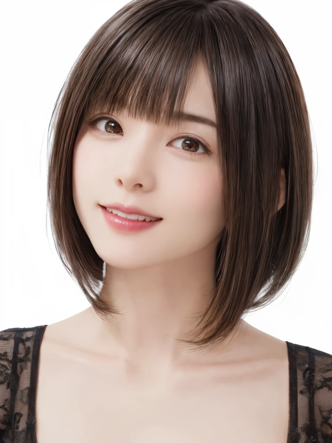 1 girl, alone, Shiny skin, chest, very detaileded, ultra detaileded, Ultra-high resolution, whole body, (Photorealism:1.4), (highest quality), (Best Shadow), Ulzzang-6500, detailed, Perfect lighting, Black Hair, ((Showpiece, highest quality, High precision)), One Girl, (big chest, Realistic: 1.4), (look up at the camera even a little, カメラをlook up, look up, look up at the camera, Looking into the camera))), alone, , White Background, snow-White Background, shut up., smile, pretty Black Hair, short hair, Big eyes, Transparent double eyelids, eyelash, listen, Long neck, Long neck, Absolute area, ((Face close-up, short hair with bangs)), 19 years old, Attractive proportions, Shiny skin, Beautiful clavicle, Golden ratio face, Perfect Face, Teardrop-shaped mole, chestのほくろ, bangs, clean bangs, beautiful bangs, Lip gloss, Thin lips, White skin, I took off my clothes, big chest, Small face, Small face, 少し上を向いてLooking into the camera, ((smile a little for the camera, really nothing pure White Background, very big big chest, big chest))