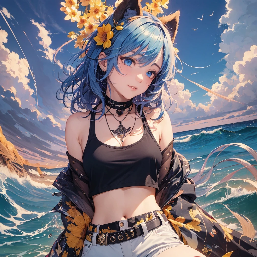 (masterpiece, best quality, ultra detailed, ultra high resolusion, highres,8k:1.4), BREAK,(from side:1.2), 20_years_old, 1giri walking,  (the-edge-of-the-waves:1.3), smile, beach, (looking away:1.7), (dark_skin:1.2),(tribal_tatoo:1.2),(wavy hairs),(messy hair),(asymmetry bangs),(multicolored hair), 
Tsurime Eyes, (((blue eyes))),
((flower hair ornament)),(shortpants,tanktop:1.4), (sunrise:1.3), morning, 