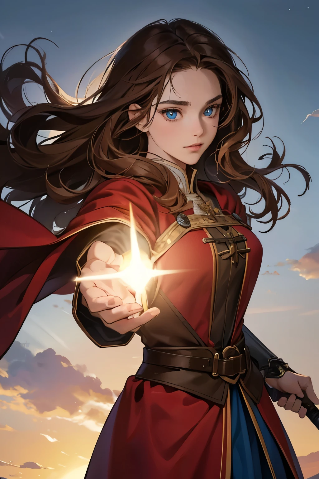 High quality masterpiece, super detailed, super emotion detailed, castle, cold colours dramatic lighting, movie scene, anime style, perfect face, clean eyes, Middle Ages, clean emotions, full body! A girl with brown curly hair, in red robe, she is smiling, looking at me, with blue eyes, She is a holy knight, she has sword, long hair, she is so cool. super quality, 4K, clean eyes, super quality ever! detailed emotions! dark fantasy!, middle ages!
