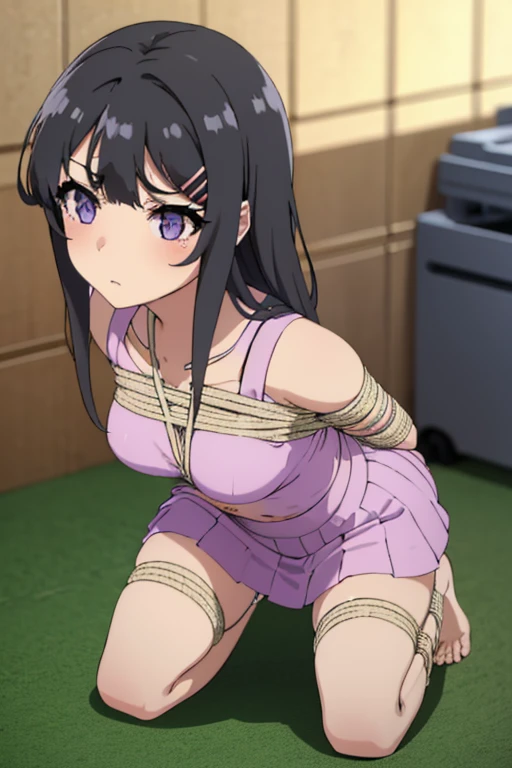 mai sakurajima, long hair, bangs, (black hair:1.5), hair ornament, (purple eyes:1.1), hairclip, rabbit hair ornament, big thighs, big , schmale Taille, ((erröted)), ((gefesselte Handgelenke, Ankle with rope)), ((Arms behind the back)), ((Shibari over clothing)), 4k quality, verlegener gesichtsausdruck, anatomisch perfekt, laying on a bed, black mini skirt, long hair, blushing